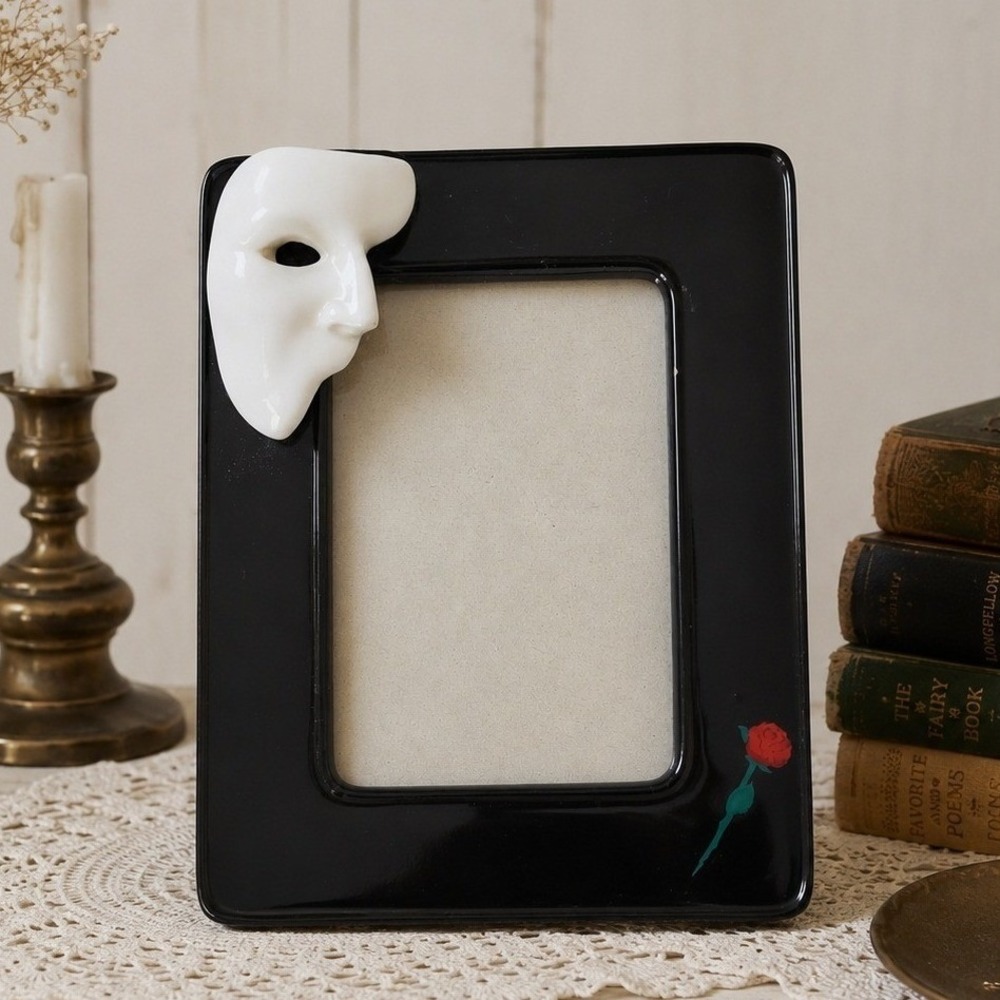 Vintage 1988 Clay Art Phantom of the Opera Ceramic Picture Frame Mask Rose Black